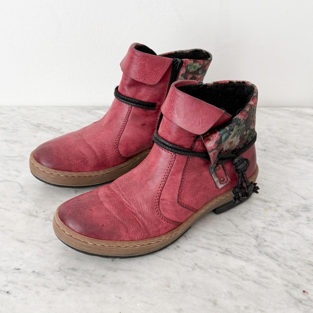 Rieker Ankle Boots Floral Boho 40 Red Burnished Leather Zip Booties - Picture 2 of 7